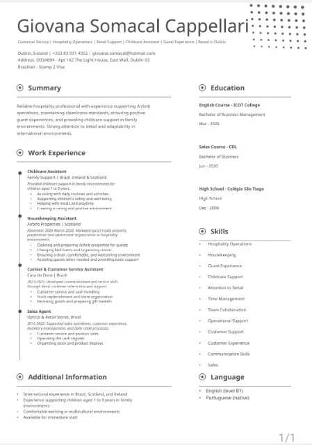 Giovana S. — Childcare carer in Dublin, Irlanda